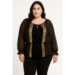 Ashley Stewart Sheer Boho Peasant Top Black Velvet Gold Metallic Trim 18/20